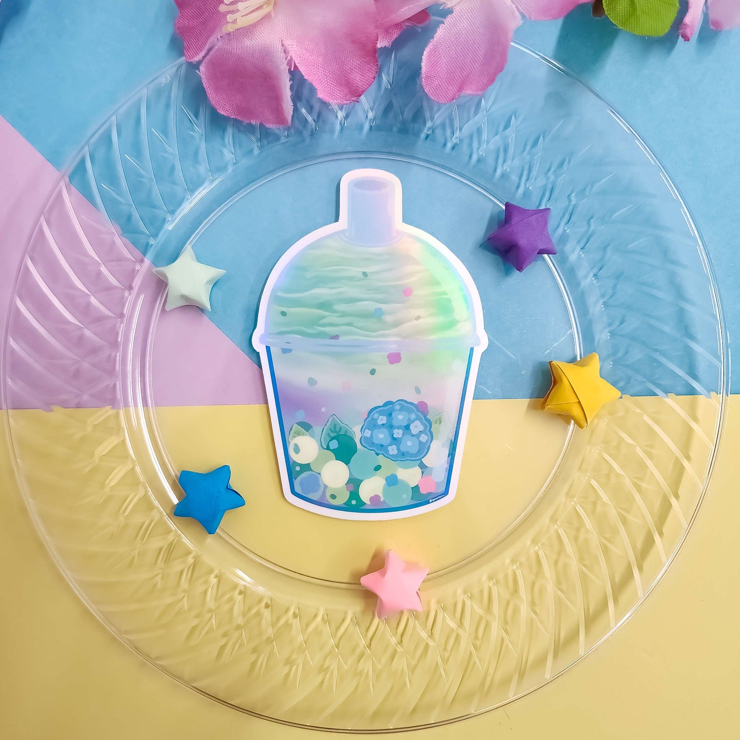 original yunorium art cloudfoam boba sticker series flower, hydrangea boba overhead view