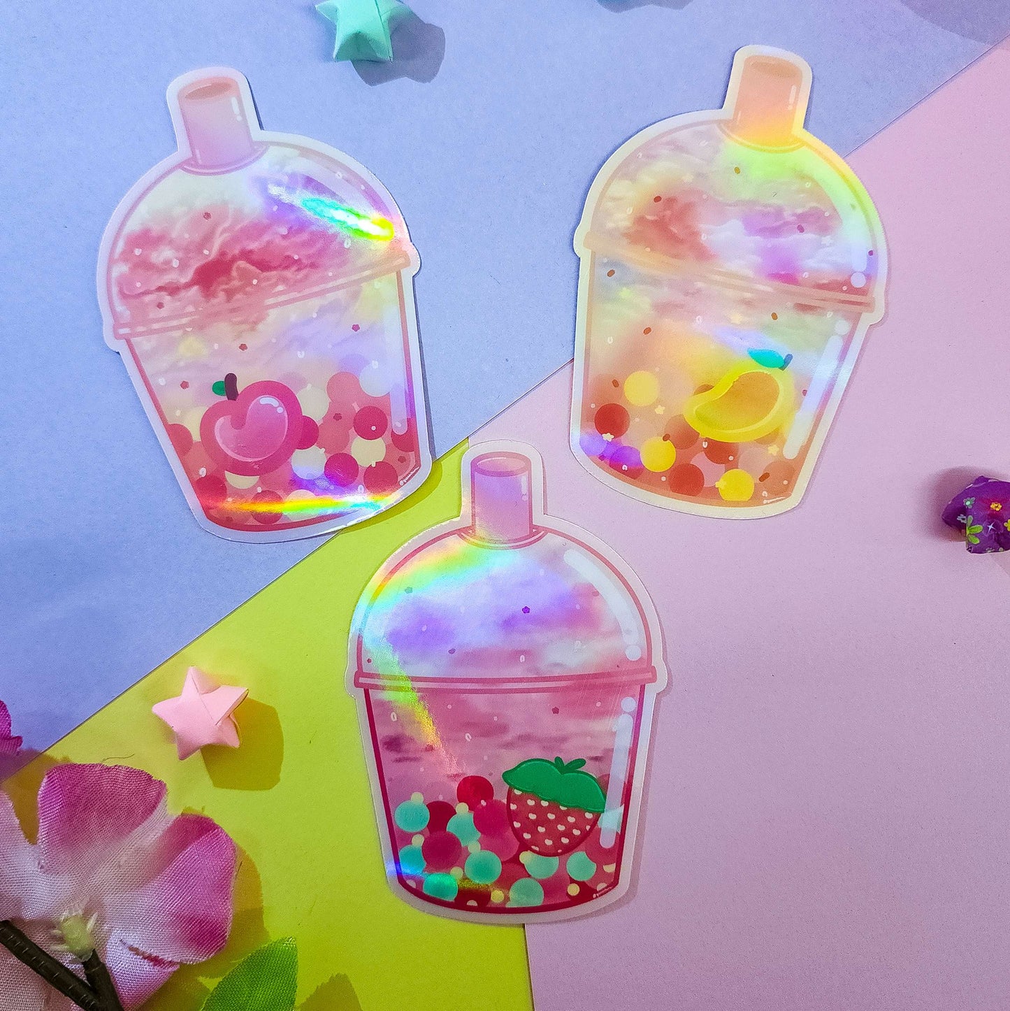 original yunorium art cloudfoam boba sticker series fruit, peach, mango, strawberry set