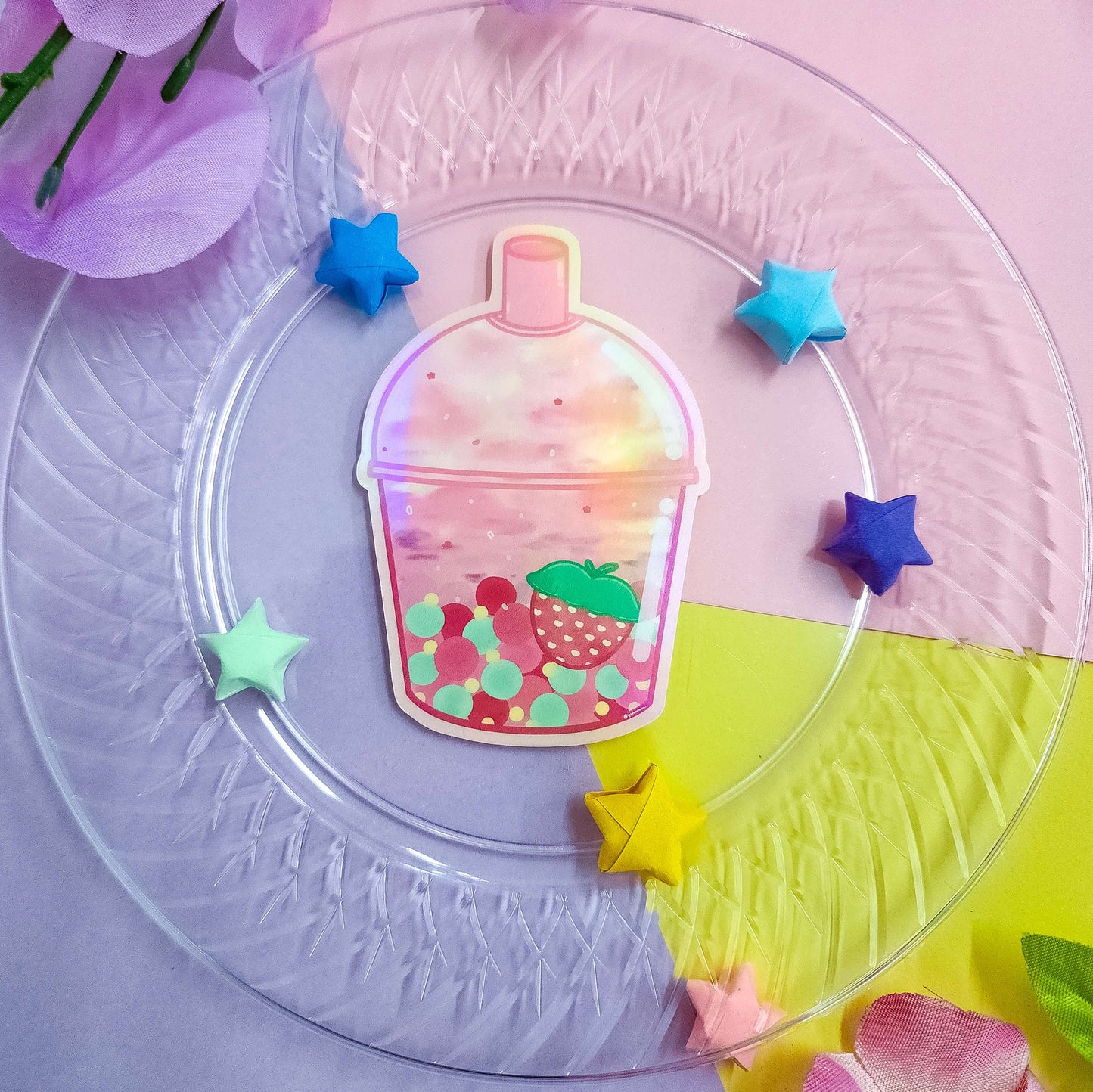 original yunorium art cloudfoam boba sticker series fruit, strawberry boba overhead view