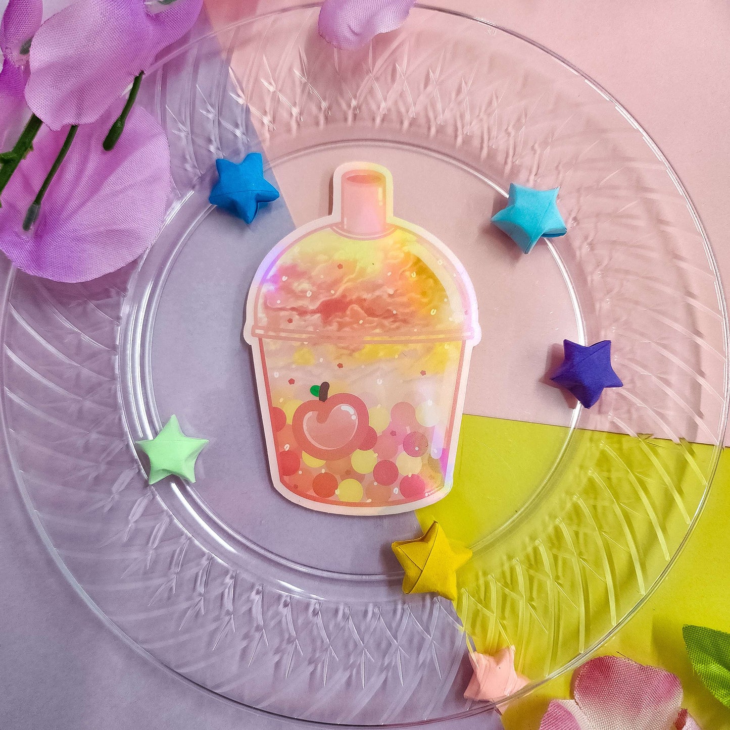 original yunorium art cloudfoam boba sticker series fruit, peach boba overhead view