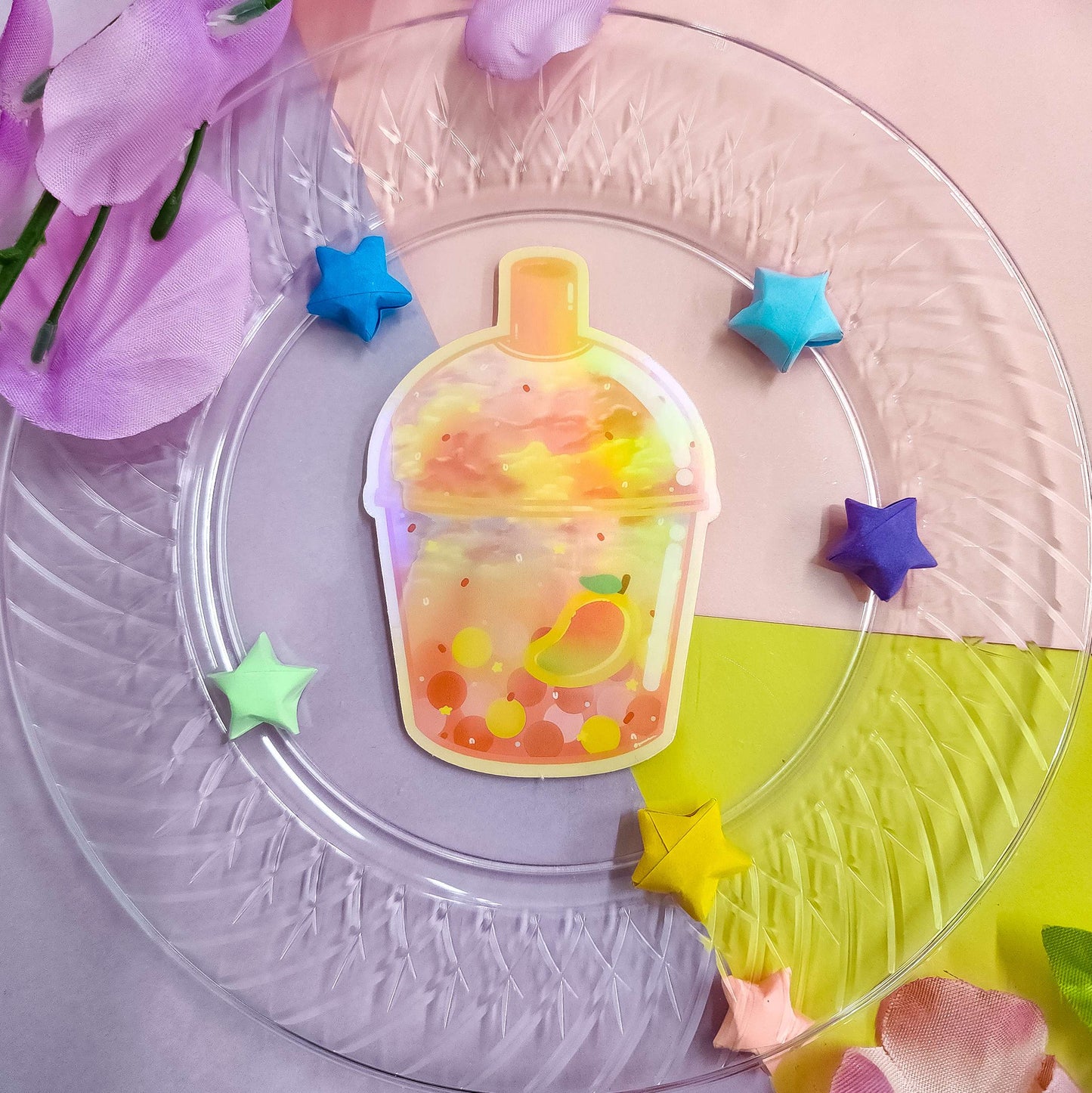 original yunorium art cloudfoam boba sticker series fruit, mango boba overhead view