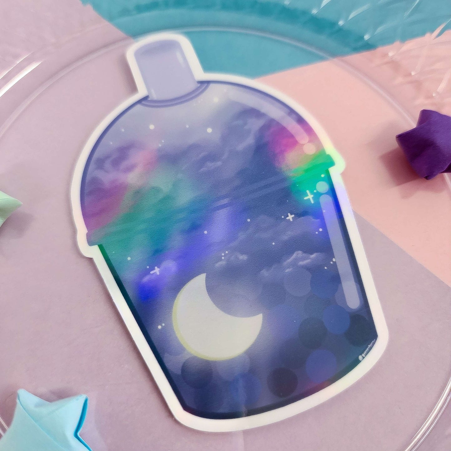 original yunorium art cloudfoam boba sticker series galaxy, moon boba slant view rainbow