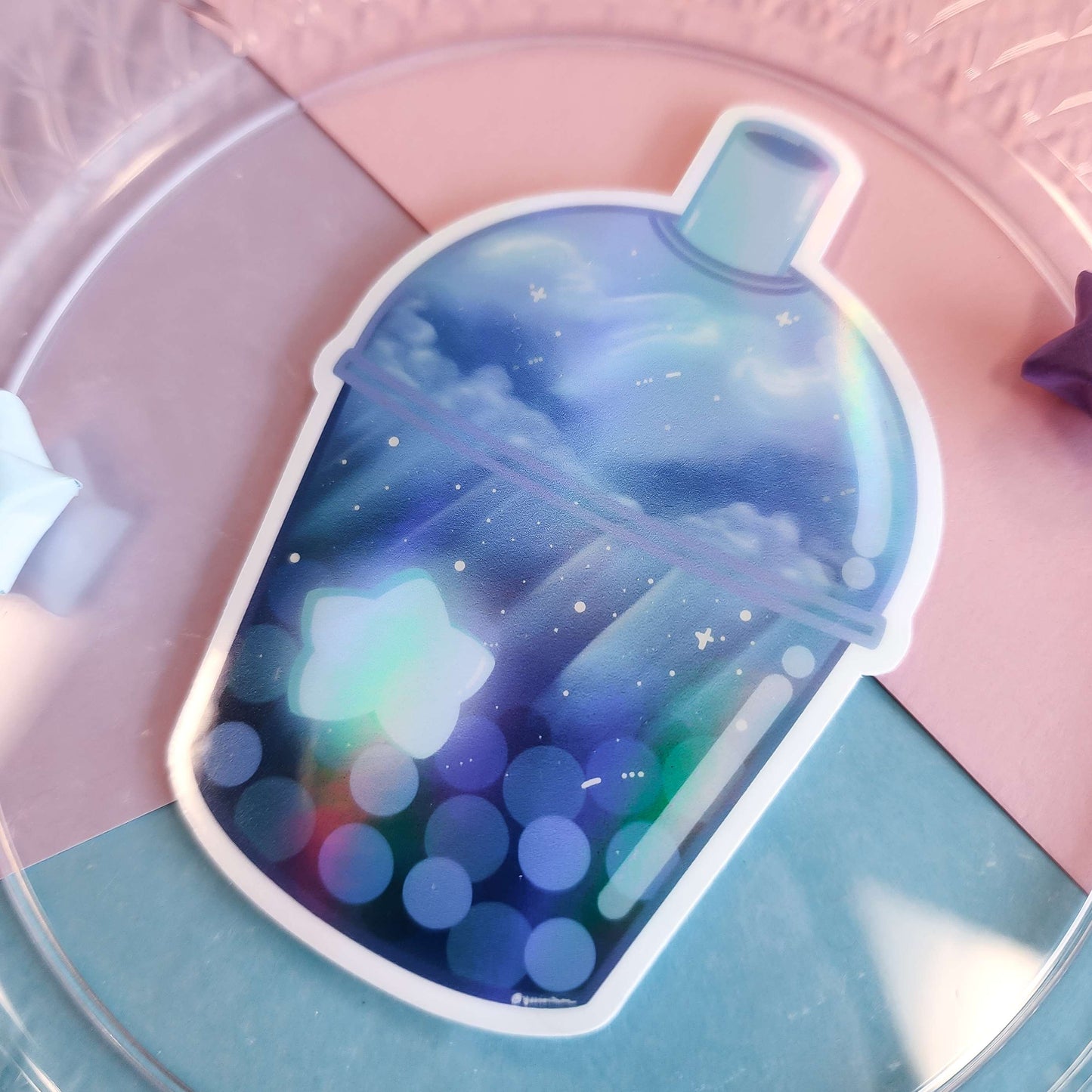 original yunorium art cloudfoam boba sticker series galaxy, star boba slant view rainbow