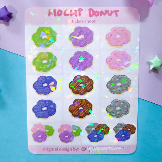 About 4 by 5 cracked ice holographic sticker sheet filled with mochi donuts by Yunorium
